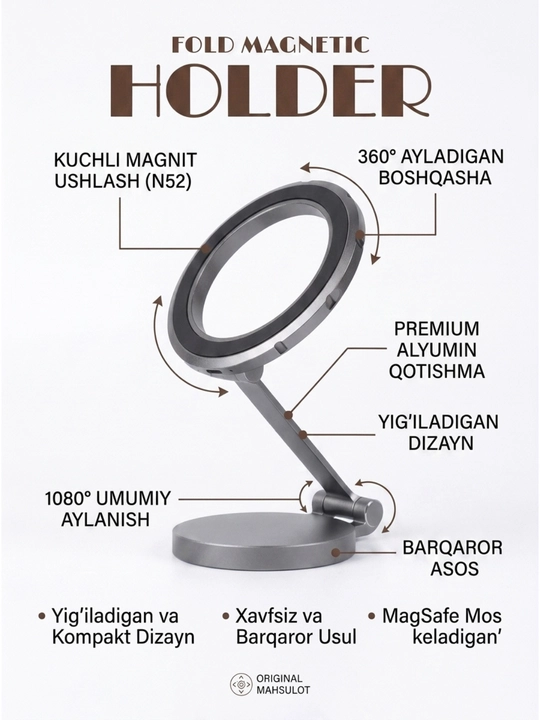 Buklanadigan Magnitli Telefon Podstavkasi, MagSafe, 1080° aylanuvchi