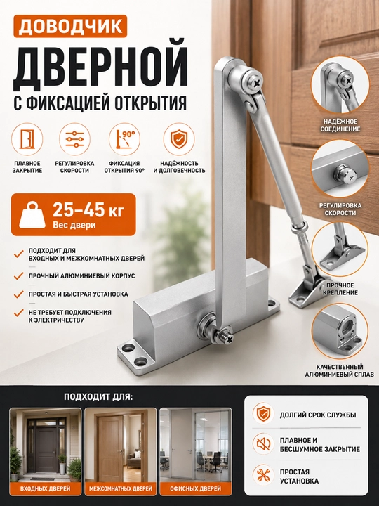 25–45 kg eshiklar uchun eshik yopgich, davodchik, 90° ochiq holatda sozlash funksiyali - 