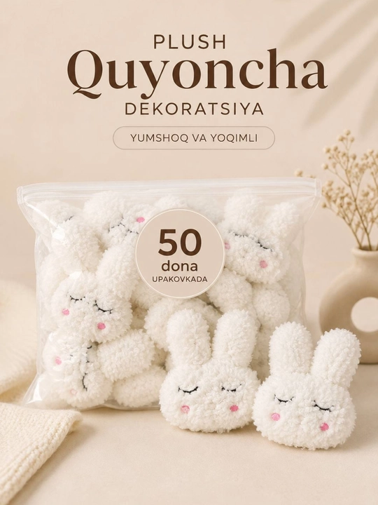 50 dona yumshoq dekorativ quyonchalar, kiyim-kechak va aksessuarlar uchun momiq quyonchalar-applikatsiyalar