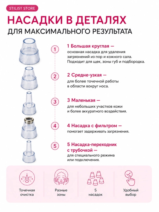 Yuz uchun vakuumli g‘ovak tozalagich, 5 nasadka, 3 quvvat rejimi va USB-C