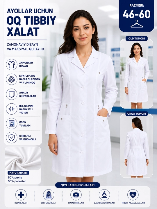 Ayollar uchun oq tibbiy xalat - 