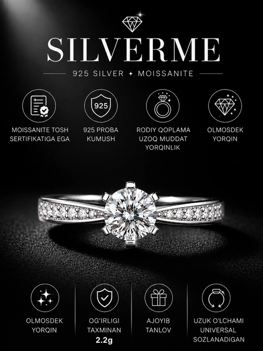 SILVERME GRA Moissanite, 925 probali Sterling Silver, rodiy qoplamali ayollar uzugi