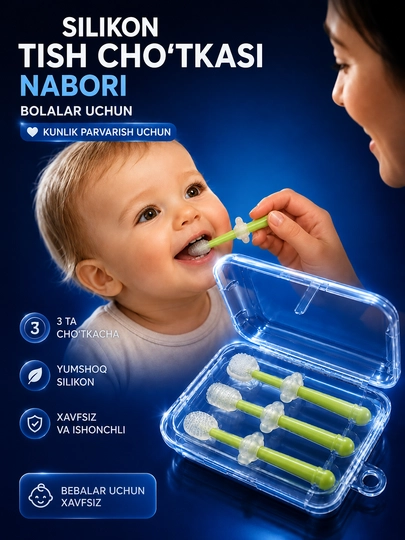 Bolalar silikon tish cho‘tkasi to‘plami, milk massajeri, tish chiqargich, 3 dona - 