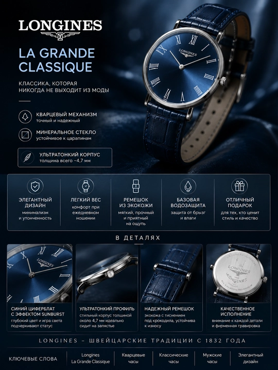 Longines La Grande Classique Blue – кварцевые наручные часы