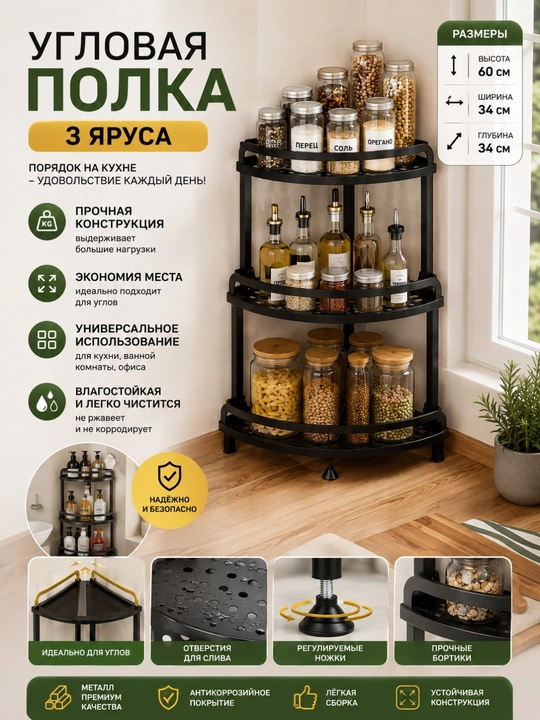Угловая полка 2 и 3 яруса для ванной, кухни и косметики — компактный органайзер