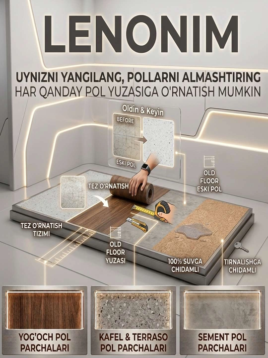 Pol uchun lenonim qoplamalar turli ko'rinish va o'lchamlarda