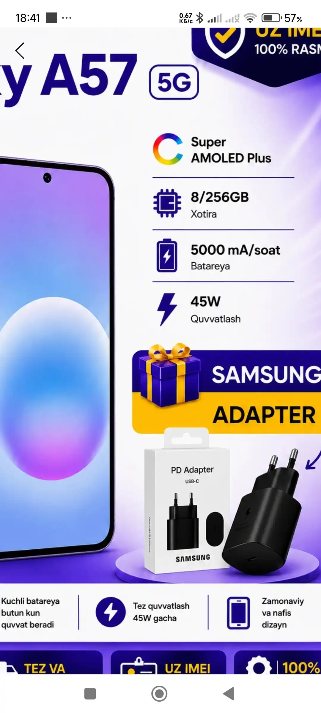 Samsung A57 5G, smartfoni, 50MP, sAMOLED, 120Hz, Sovg'asiga adapter