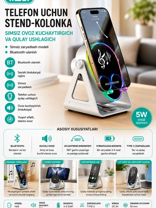Телефон держатель, Bluetooth колонка, усилитель звука для телефона, беспроводная колонка - 