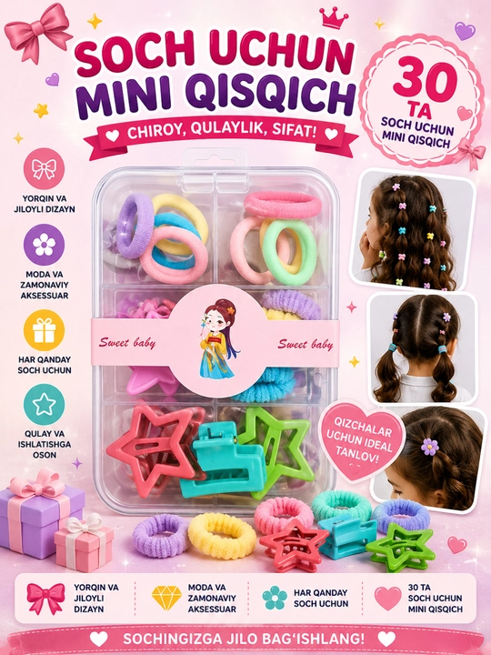 Mini soch qisqichlari qizlar uchun rangli rezinka zakolka to‘plami