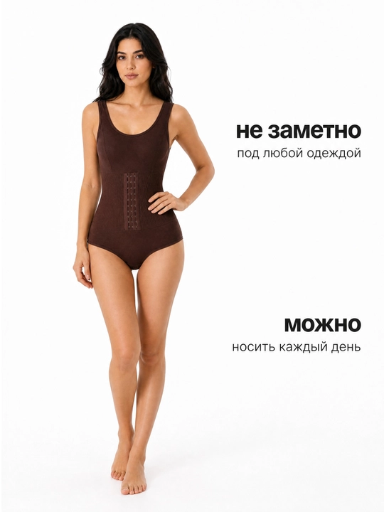 Боди утягивающее корректирующее бесшовное под платье, корсет-бандаж с крючками