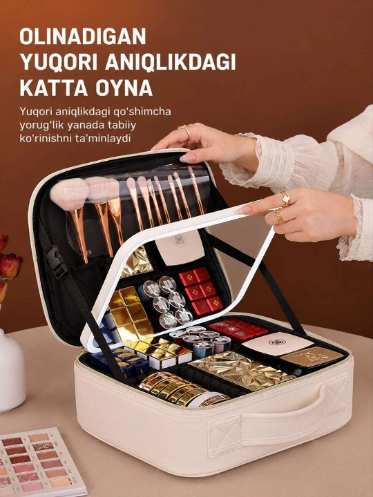 LED yoritgichli kosmetika qutisi, go'zallik uchun ko'chma organayzer va ko'zgu,