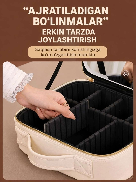 LED yoritgichli kosmetika qutisi, go'zallik uchun ko'chma organayzer va ko'zgu,