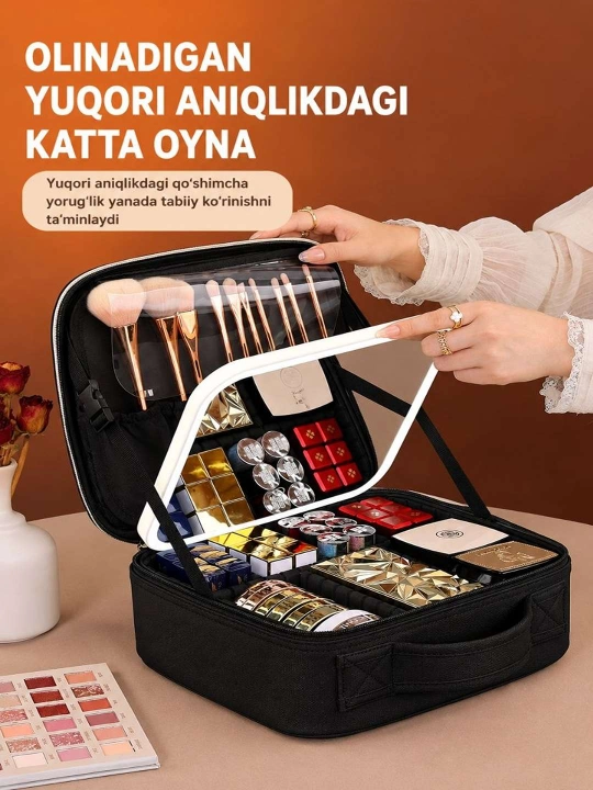 LED yoritgichli kosmetika qutisi, go'zallik uchun ko'chma organayzer va ko'zgu,