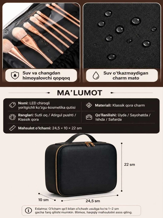 LED yoritgichli kosmetika qutisi, go'zallik uchun ko'chma organayzer va ko'zgu,