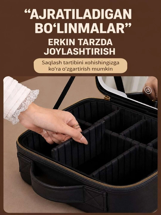 LED yoritgichli kosmetika qutisi, go'zallik uchun ko'chma organayzer va ko'zgu,