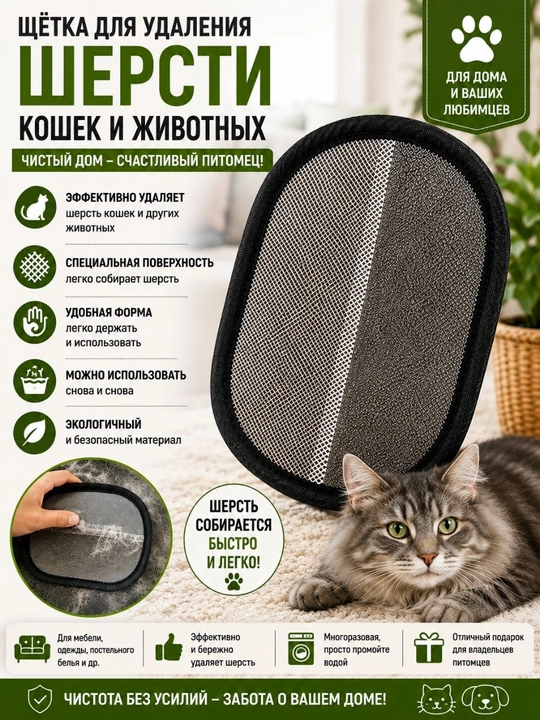 Щётка-рукавица для удаления шерсти кошек и домашних животных
