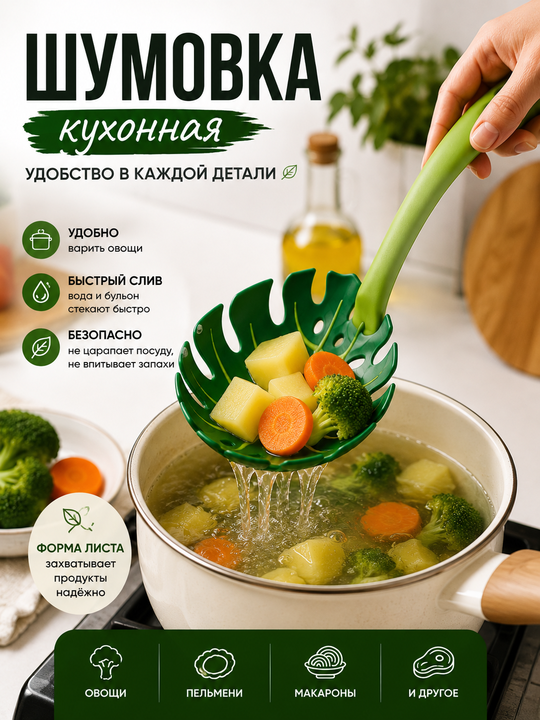 Шумовка кухонная с отверстиями, универсальная лопатка для макарон, пельменей и овощей - 