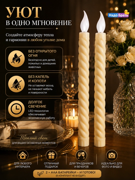 LED-свечи декоративные витые, 2 шт, на батарейках AAA, без открытого огня