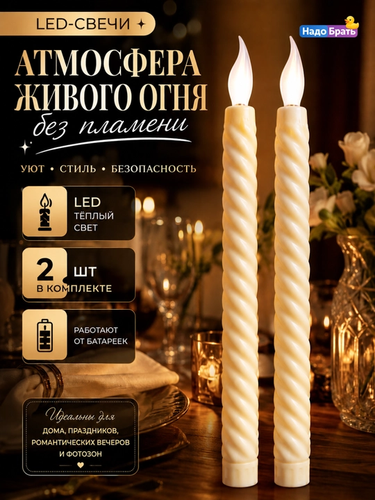 LED-свечи декоративные витые, 2 шт, на батарейках AAA, без открытого огня
