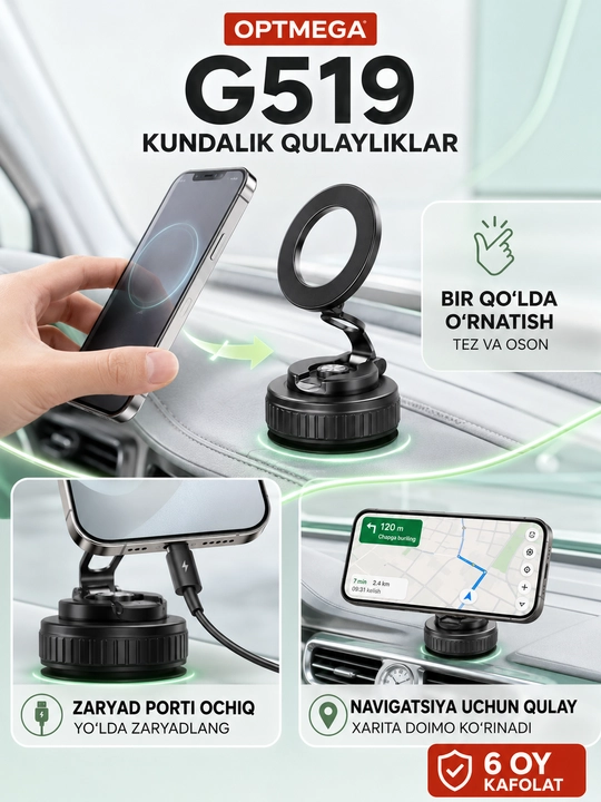 Avtomobil uchun magnit vakuumli telefon ushlagichi Magsafe bilan, 360 darajali, prisoskali