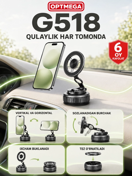 Avtomobil uchun magnit vakuumli telefon ushlagichi Magsafe bilan, 360 darajali, prisoskali