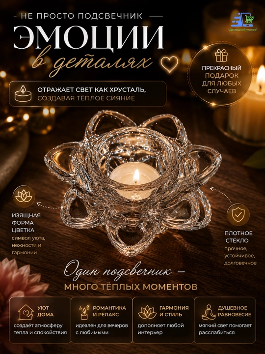 Стеклянный подсвечник Цветок для чайной свечи, прозрачный, декор для дома