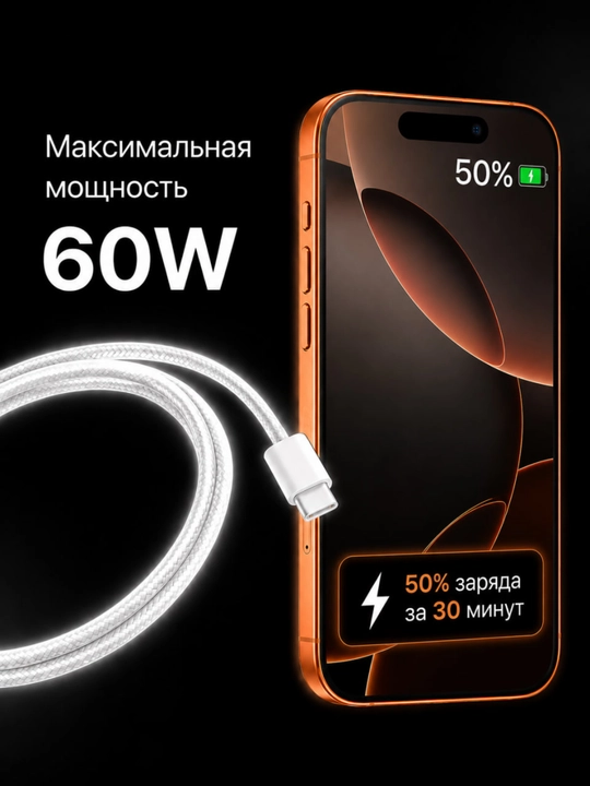 Кабель Type-C — Type-C 60W для iPhone 15/16 Pro, Pro Max — для быстрой зарядки