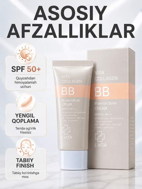 J vita, BB krem, tonal krem, kollagen BB cream, SPF 50 krem, yuz uchun krem, makiyaj baza