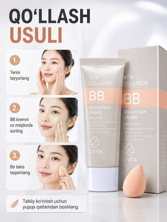 J vita, BB krem, tonal krem, kollagen BB cream, SPF 50 krem, yuz uchun krem, makiyaj baza