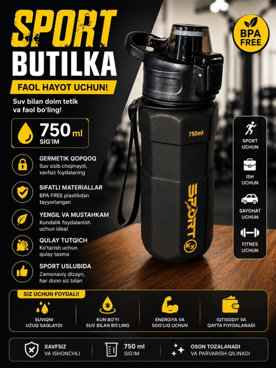 Спортивная бутылка 750 мл, BPA FREE, с герметичной крышкой и ремешком - 