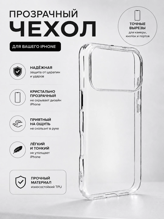 IPhone, 13, 14, 15, 16, 17, PRO, PRO MAX uchun shaffof g'ilof - 
