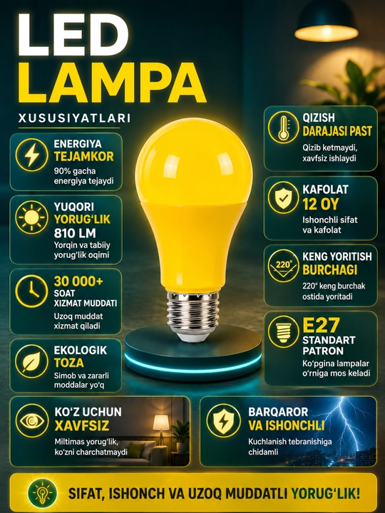 LED lampochka E27 30W, yorqin chiroq, uy va ofis uchun energiya tejovchi lampa