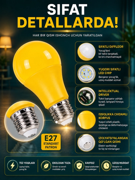 LED lampochka E27 30W, yorqin chiroq, uy va ofis uchun energiya tejovchi lampa