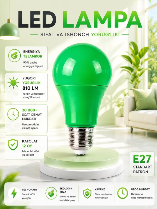 LED lampochka E27 30W, yorqin chiroq, uy va ofis uchun energiya tejovchi lampa - 