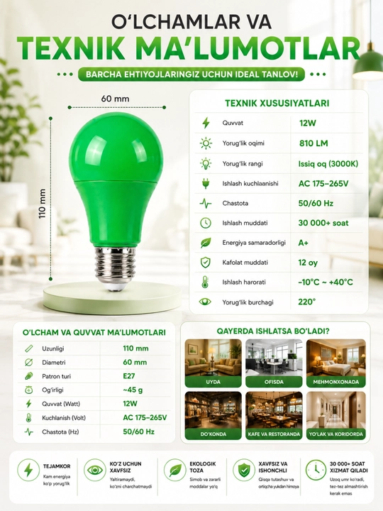 LED lampochka E27 30W, yorqin chiroq, uy va ofis uchun energiya tejovchi lampa