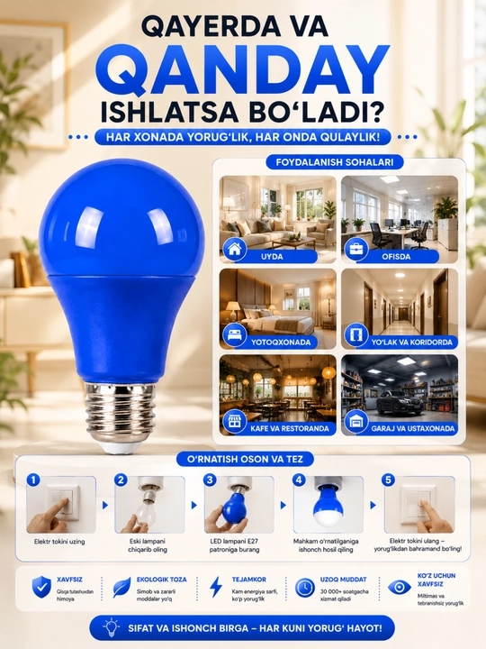 LED lampochka E27 30W, yorqin chiroq, uy va ofis uchun energiya tejovchi lampa