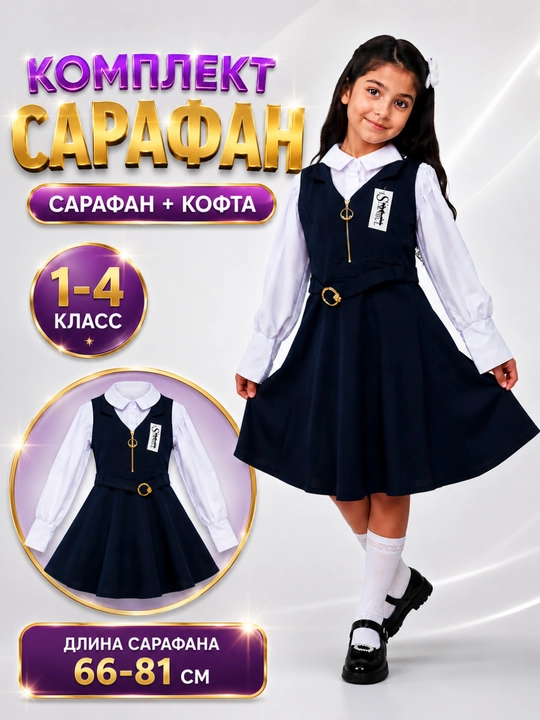 Qiz bola uchun sarafan, maktab formasi, bluzka va sarafan to‘plami, maktab sarafani