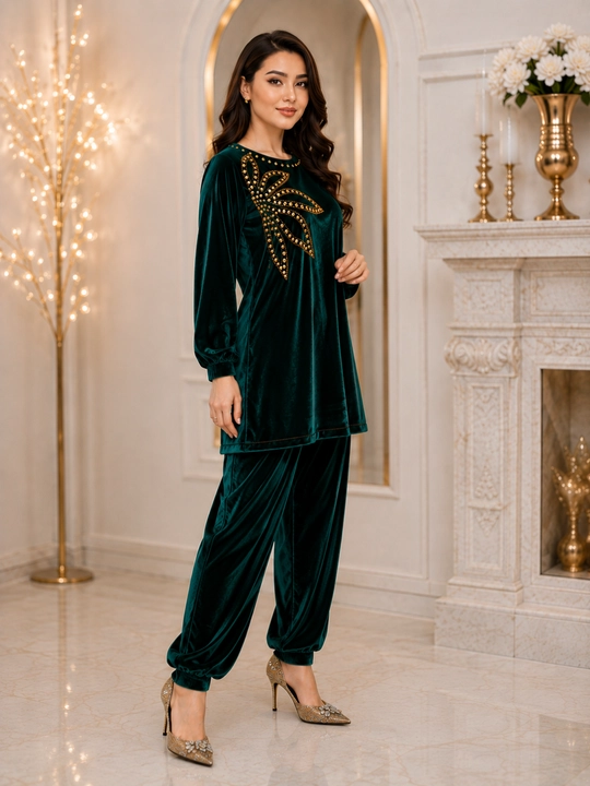 Ayollar uchun baxmal shimli kostyum, yashil bayramona elegant komplekt