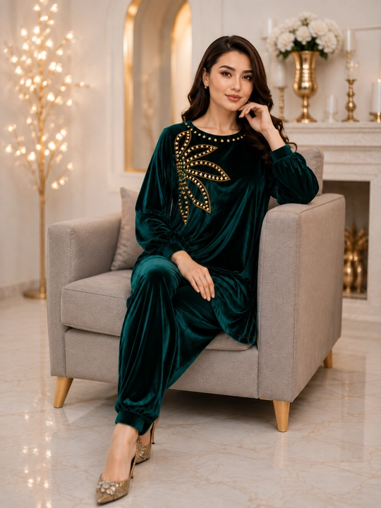 Ayollar uchun baxmal shimli kostyum, yashil bayramona elegant komplekt