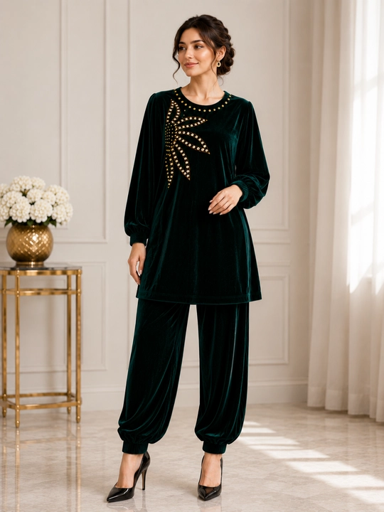 Ayollar uchun baxmal shimli kostyum, yashil bayramona elegant komplekt