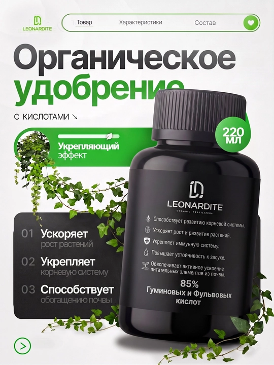 Uy va bog‘ o‘simliklari uchun Leonardite organik o‘g‘iti, 220 ml - 