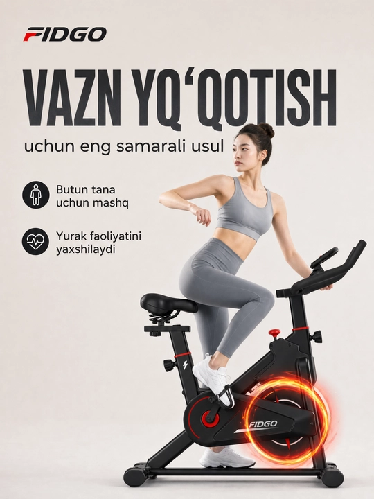 Uy uchun FIDGO velotrenajyori, displey va o‘rindiqni sozlash imkoniyatiga ega spin-bayk