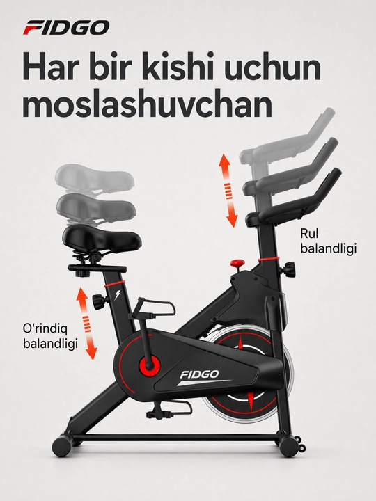 Uy uchun FIDGO velotrenajyori, displey va o‘rindiqni sozlash imkoniyatiga ega spin-bayk