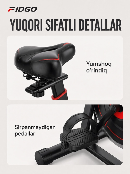 Uy uchun FIDGO velotrenajyori, displey va o‘rindiqni sozlash imkoniyatiga ega spin-bayk