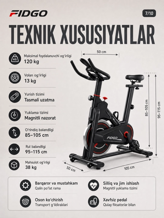 Uy uchun FIDGO velotrenajyori, displey va o‘rindiqni sozlash imkoniyatiga ega spin-bayk
