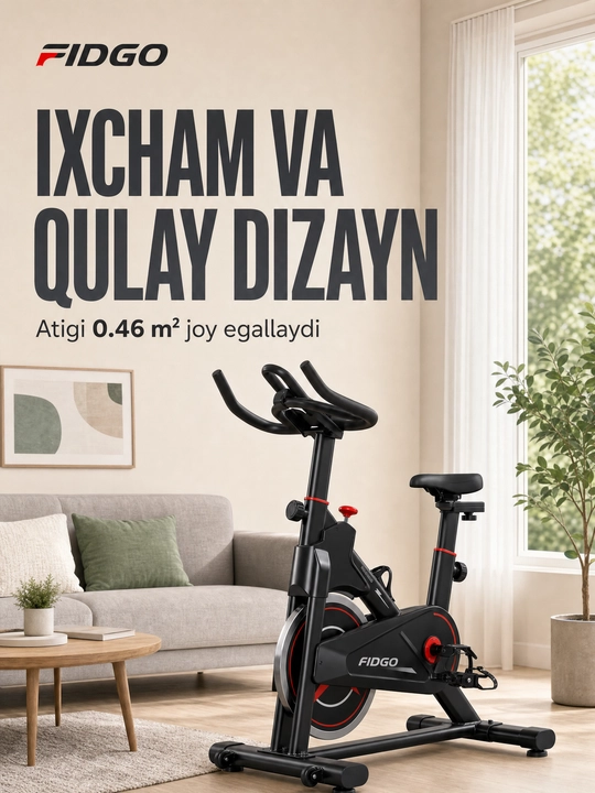 Uy uchun FIDGO velotrenajyori, displey va o‘rindiqni sozlash imkoniyatiga ega spin-bayk