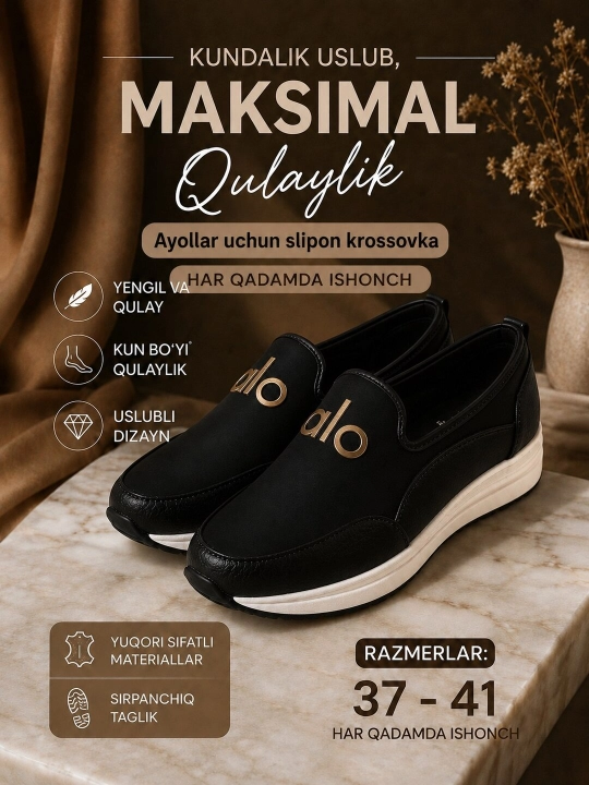 Ayollar uchun 36-41 o‘lchamli krossovkalar, ayollar poyabzali, sliponlar