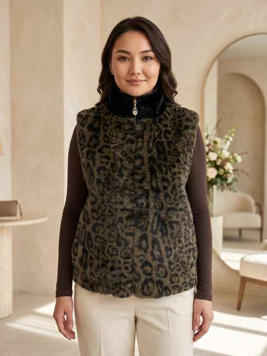 Ayollar mo‘ynali jileti Leopard, issiq zamokli jilet, kuz-qish modeli
