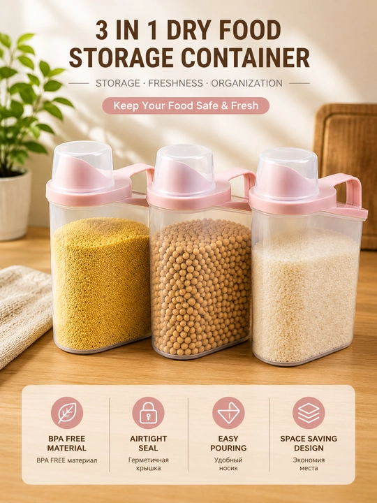 Контейнеры для продуктов и сыпучих продуктов, пластиковые с ручкой, набор 3 штуки - 