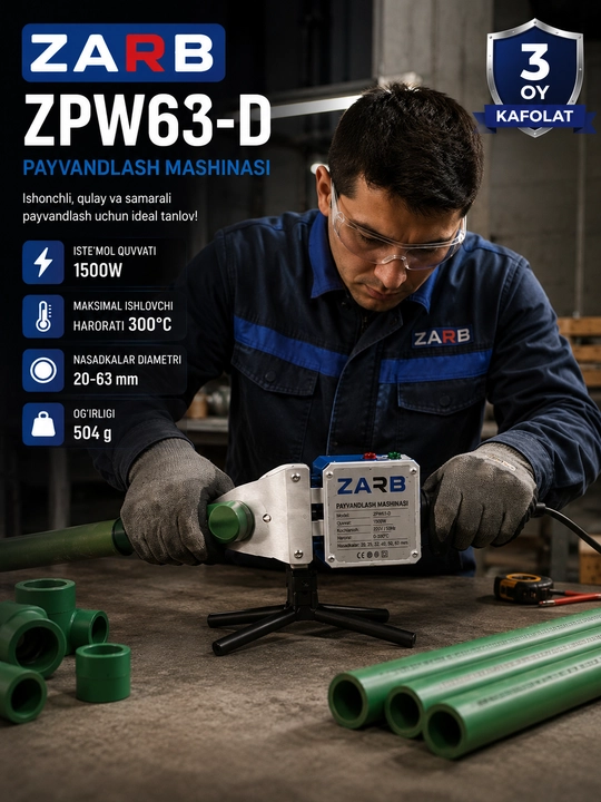 Сварочный аппарат ZPW63-D, насадки 20–63 мм (2–6,3 см), 1500 Вт